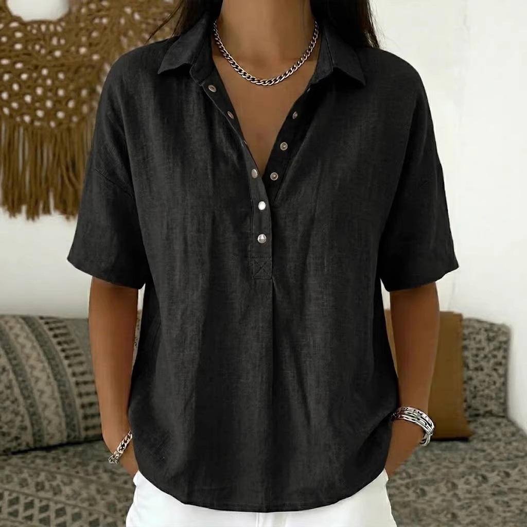 Europa y Estados Unidos transfronterizos Amazon estación independiente 2026 verano nuevo estilo de ropa de mujer comodidad con solapa de manga corta camisa sólida