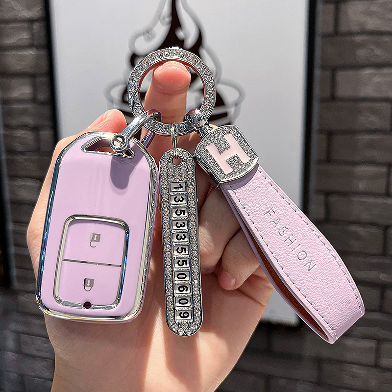 BT 키 타입 A - 스마트 2버튼 [싱글 쉘 퍼플] + 퍼플 H 가죽 로프 다이아몬드 버클 + 실버 번호판