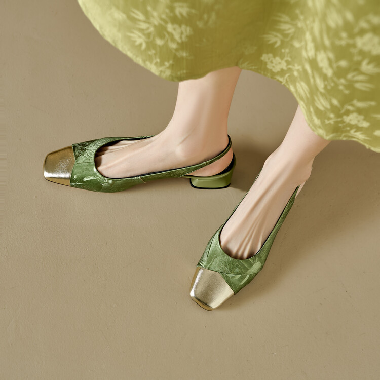 Sandal bít mũi nữ da bò phối màu gót thô 5 cm — Màu xanh lá, Màu mơ chi tiết 40