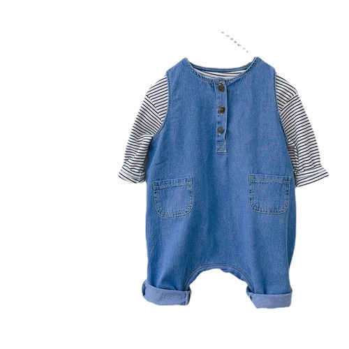 Children's clothing spring style male and female baby denim suspender set infant and child jumpsuit pure cotton striped T-shirt two-piece spring outfit