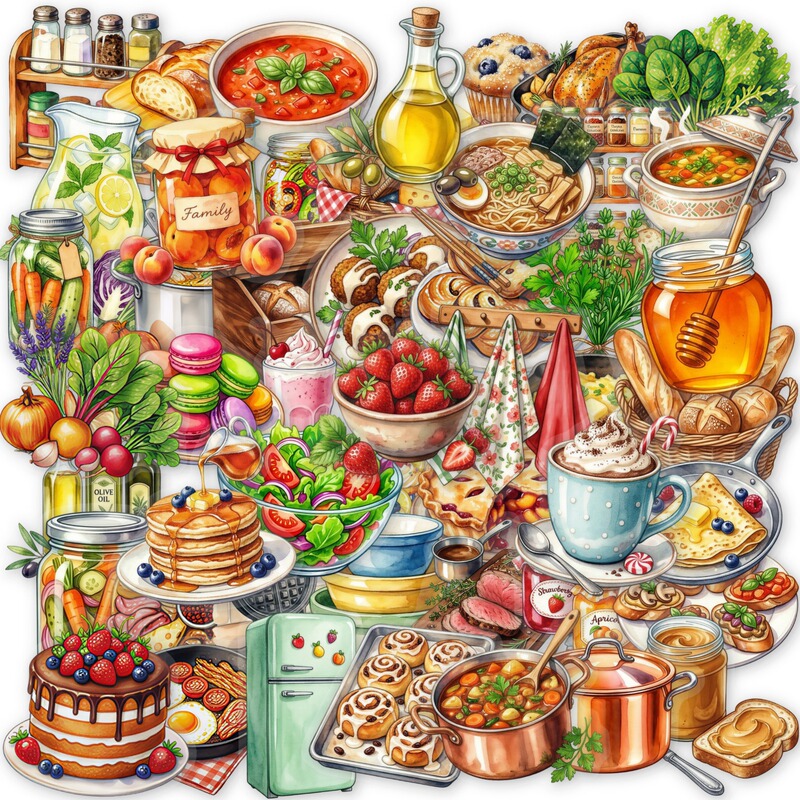 50 New Cross-Border Kitchen Food Stickers, Western-Style Meal and Dessert Baking Ingredient Decoration Pet Transparent Stickers 50 New Cross-Border Kitchen Food Stickers, Western-Style Meal and Dessert Baking Ingredient Decoration Pet Transparent Stickers
