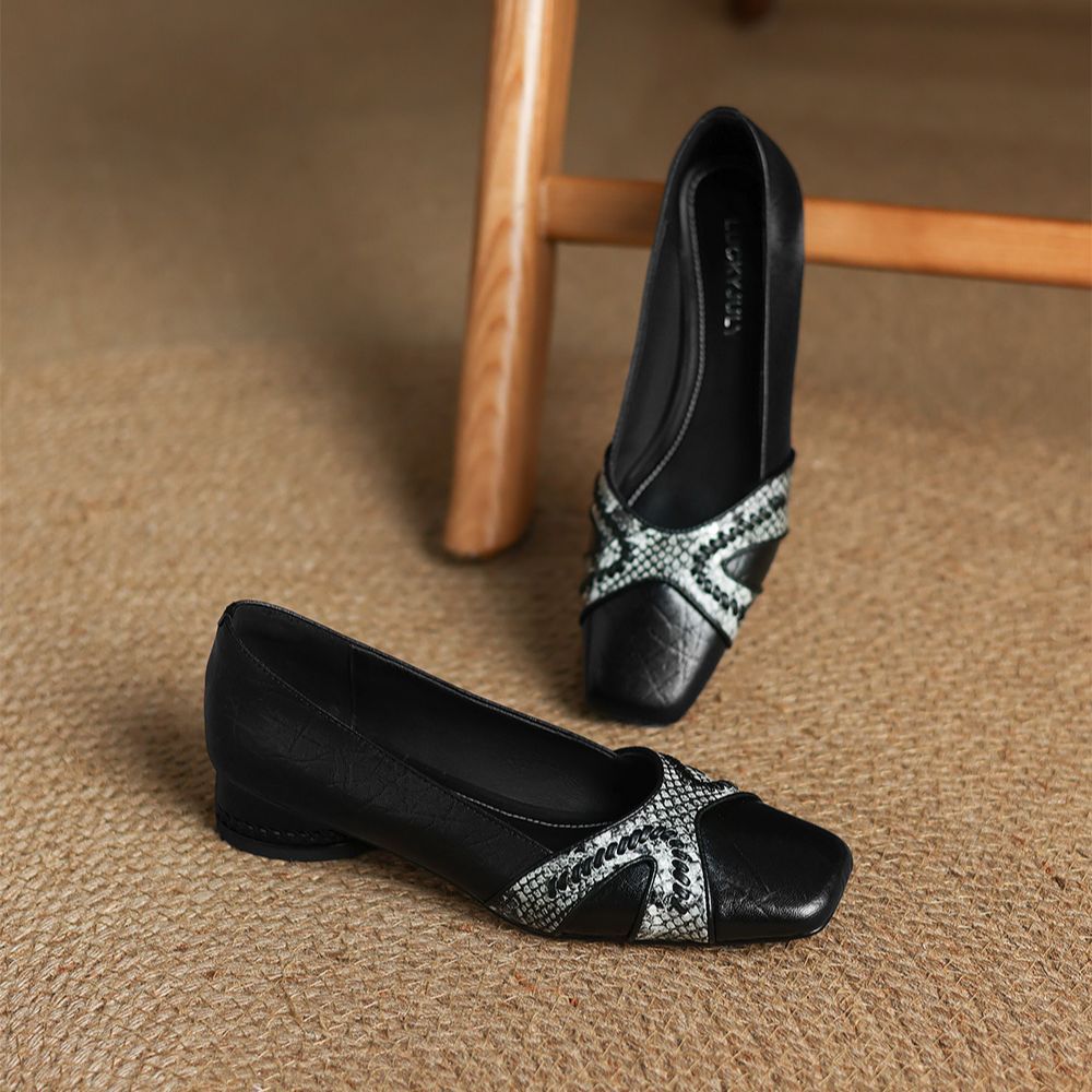 Cabeza cuadrada y boca superficial zapatos de una sola mujer nuevos zapatos de cuero 2026 otoño y invierno zapatos de mujer de viaje de tacones bajos gruesos 2026 principios de primavera