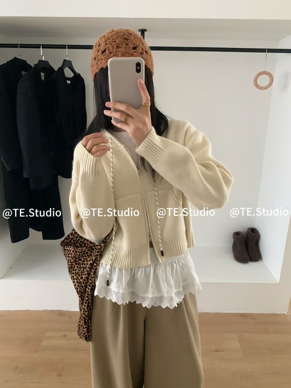 气质休闲连帽开衫毛衣外套女2025秋冬季新款韩版短款双拉链针织衫|undefined