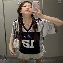 2025美式复古V领网眼透气速干运动球衣女夏季宽松短袖T恤上衣潮流
