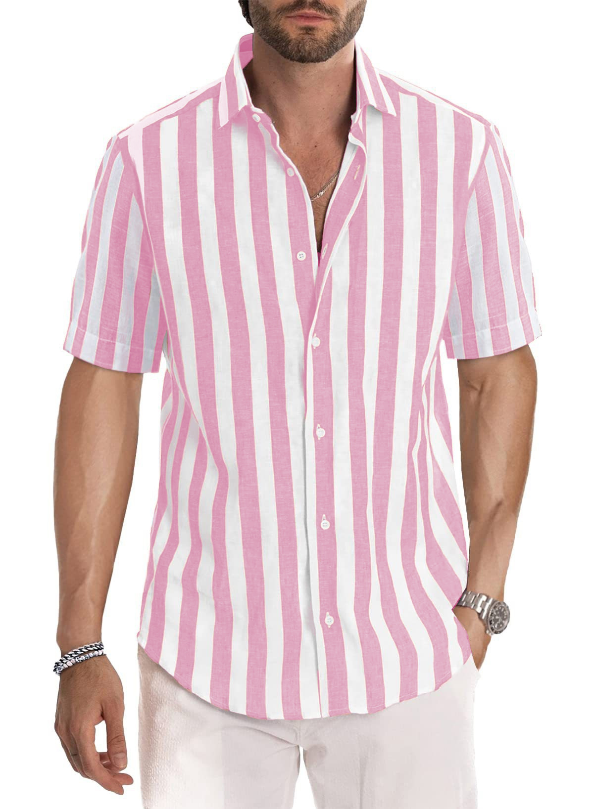 Herren Kurzarm Freizeithemd Im Streifendesign Für Den Sommer_voghion.com