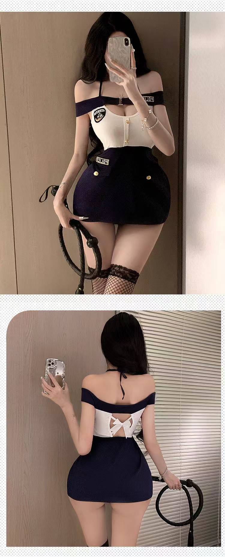 Policewoman Roleplay Costume Set with Hip-Covering Uniform Dress, Black One Size — detail image 7