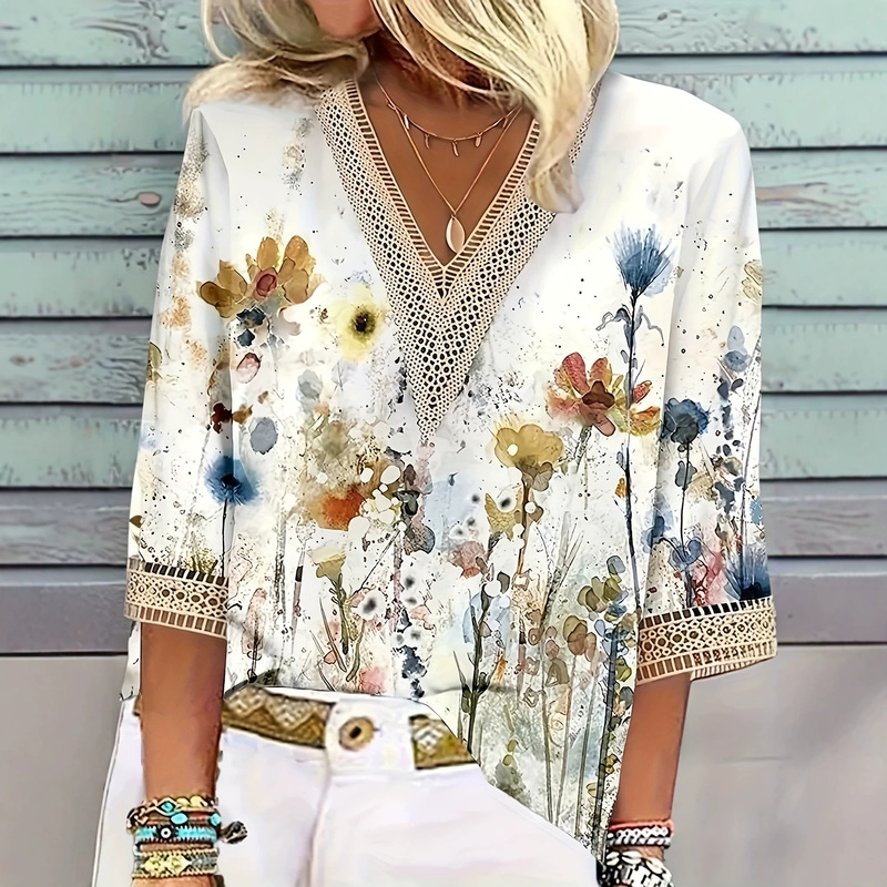 2026 cross-border European and American style new lace patchwork V-neck printed T-shirt, women's loose-fit three-quarter sleeve casual top 2026 cross-border European and American style new lace patchwork V-neck printed T-shirt, women's loose-fit three-quarter sleeve casual top
