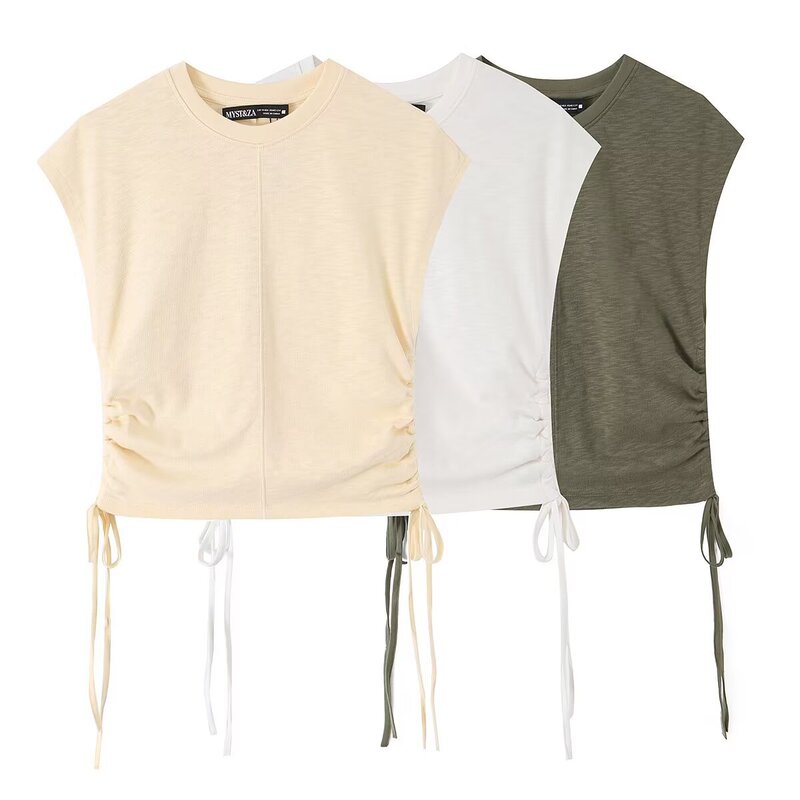 Pb&Za Foreign Trade Cross-Border New Summer European and American Style Holiday Style Pleated Round Neck Sleeveless T-Shirt Top 6912150