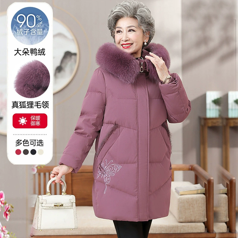 Зимнее платье-бабушка, пуховик на утином пуху с воротником из натурального меха, длинный пуховик для женщин средних лет, 60 лет, 80 лет, большие размеры