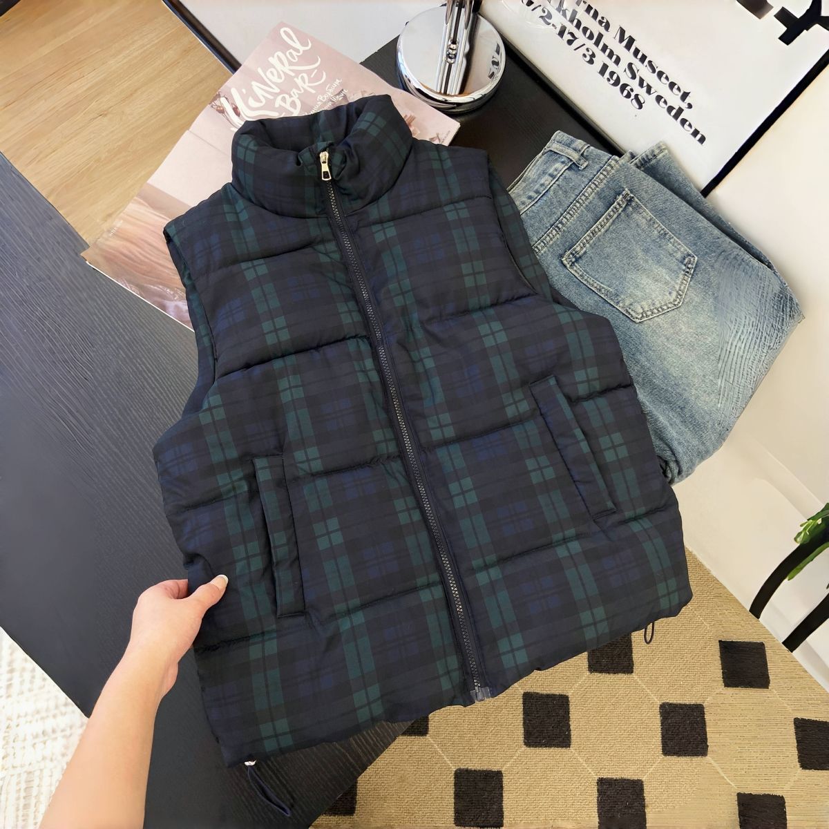复古减龄秋冬季立领格子加厚保暖马夹外套女羽绒棉服坎肩背心上衣