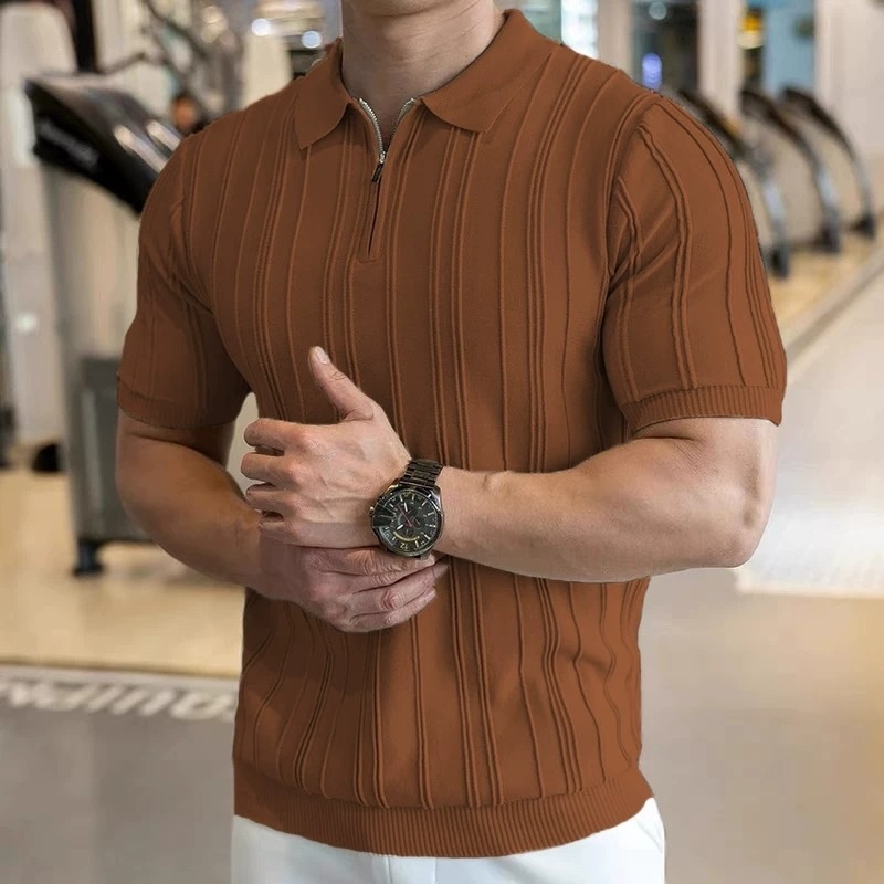 Men's thin ice silk knit T-shirt, summer style, vertical stripes, slim fit, short sleeves, mature style, simple round neck, short sleeves.