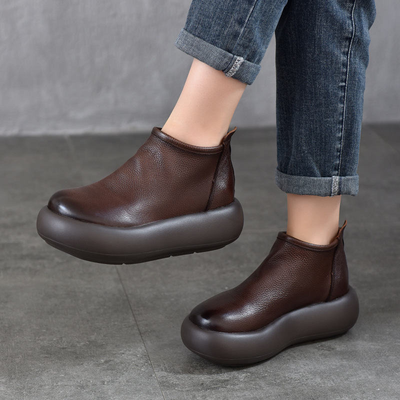 Recommended Style: Simple and Versatile Round-Toe Short Boots, Ankle Boots, Genuine Leather Thick-Soled Women's Boots, 2025 Autumn and Winter New Cotton Shoes