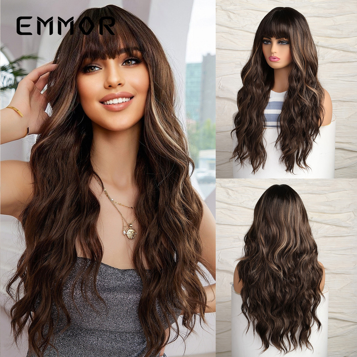 2024 nuevo comercio exterior resalte marrón recto Bangs onda grande Pelo Rizado largo europeo y americano peluca pelo completo tipo de pelo