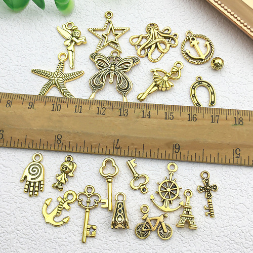 Alloy jewelry accessories, bracelet components, starfish, butterfly, cross, key-shaped, electroplated DIY pendants and charms