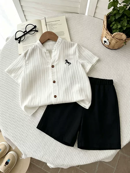 Boys' Summer Outfit 2026 New Stylish and Handsome Children's Set with Textured Short-Sleeve Shirt and Casual Shorts Two-Piece Set