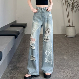 浅色拼接蕾丝破洞阔腿牛仔裤女2026夏季薄款小个子宽松遮肉破烂裤