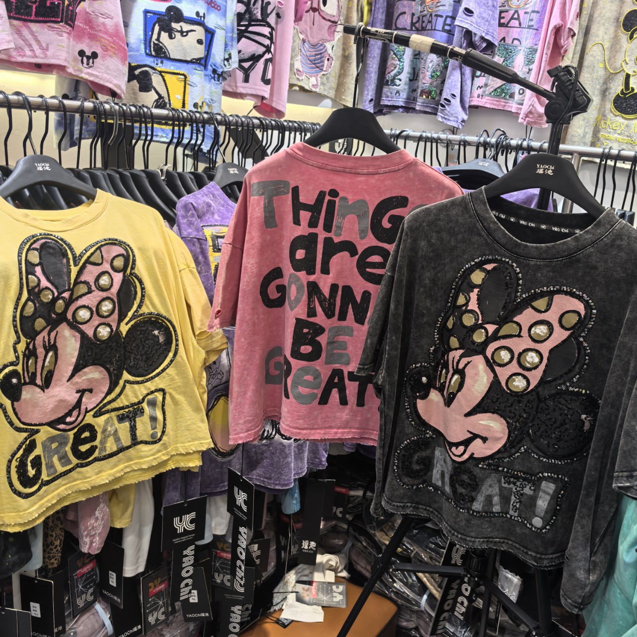 Marca de moda europea, industria pesada, tie-dye, diamantes completos, Mickey, cuello redondo, camiseta de manga corta, tendencia suelta corta, verano femenino, nuevo estilo