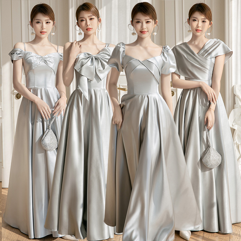 Gray Bridesmaid Dress 2025 New Spring Satin High-End Niche Sister Group Evening Dress Skirt Can Be Worn at Ordinary Times