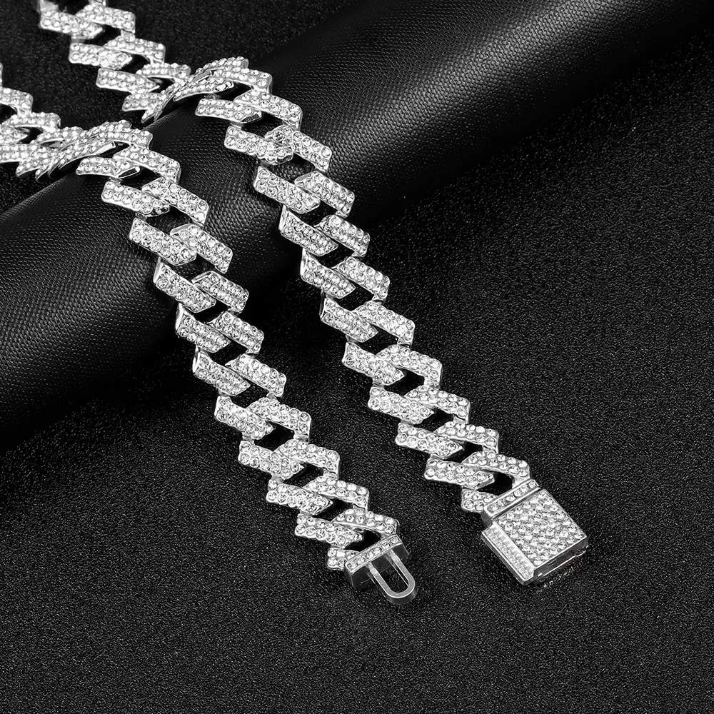 男女通用嘻哈满钻菱形古巴链15mm合金材质潮流时尚饰品项链批发