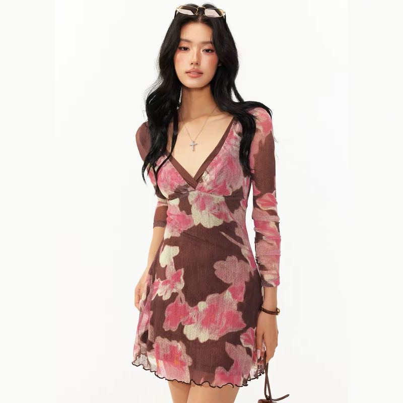 4muggle brown long-sleeved, waist-cinching, printed A-line midi dress for women, summer French retro style dress