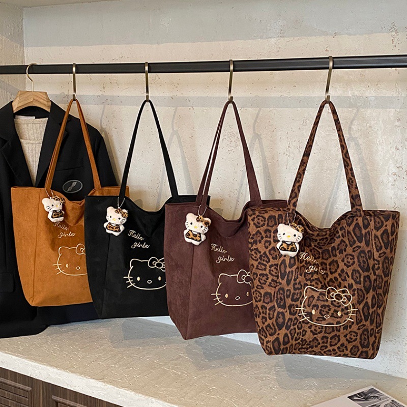 New cute kitty cat shoulder bag, suede tote with large capacity, stylish embroidered leopard print handbag