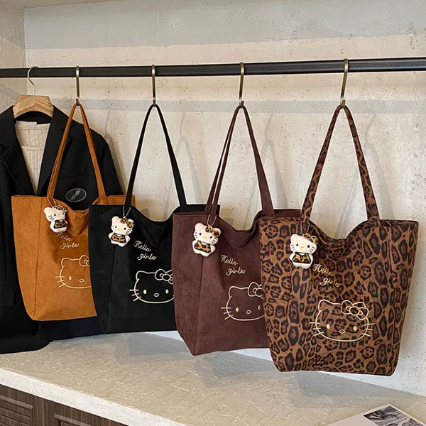 New cute kitty cat shoulder bag, suede tote with large capacity, stylish embroidered leopard print handbag