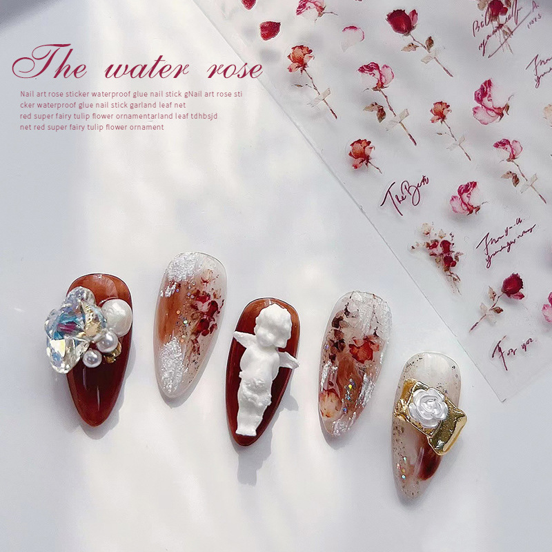 Tomoni ultra-delgada caliente lindo pegatina de uñas acuarela Rosa flor seca floración Rosa seca semi-transparente