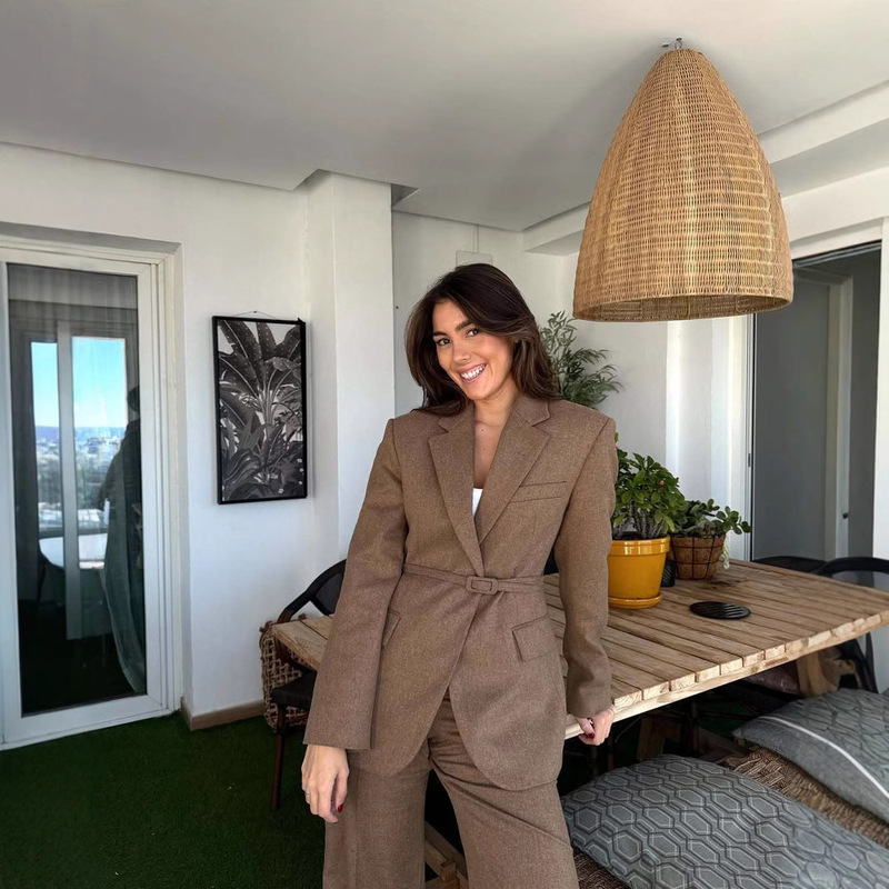 Real shot on the new brown lapel long sleeve lace-up slim suit coat foreign trade cross-border fashion temperament coat