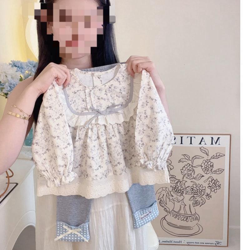 女童套装2025秋季新款韩版洋气碎花衬衫女宝宝公主风蝴蝶结打底裤|undefined