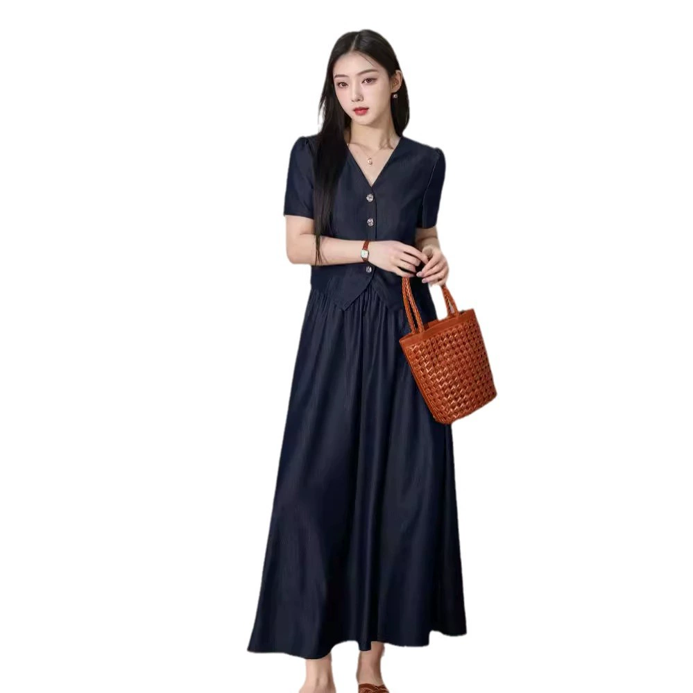 Retro denim summer skirt, set, plus size, V-neckline, A-line, fitted