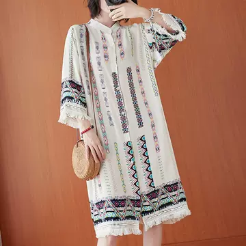 2019 holiday beach sun proof clothing women's national style printed shawl coat Retro Mid length tassel cardigan 3273 - ShopShipShake