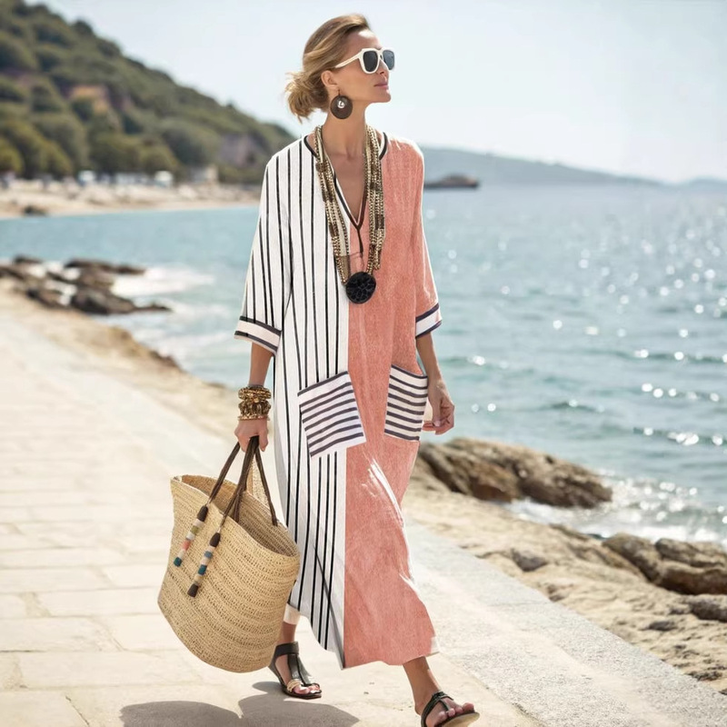 New Cross-Border 3D Digital Print Seaside Beach Hawaiian Women's V-Neck Half-Sleeve Flared Long Dress New Cross-Border 3D Digital Print Seaside Beach Hawaiian Women's V-Neck Half-Sleeve Flared Long Dress