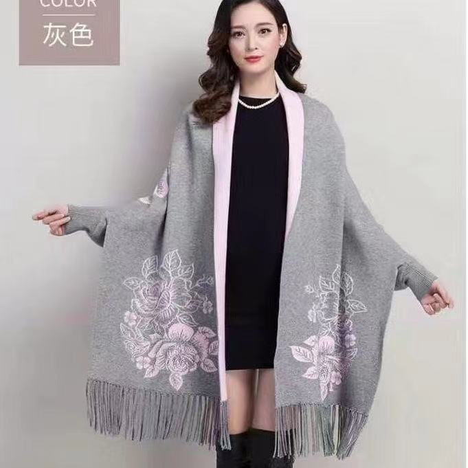 2023春季新款女装披肩牡丹花加厚保暖斗篷披风流苏上衣韩版百搭女