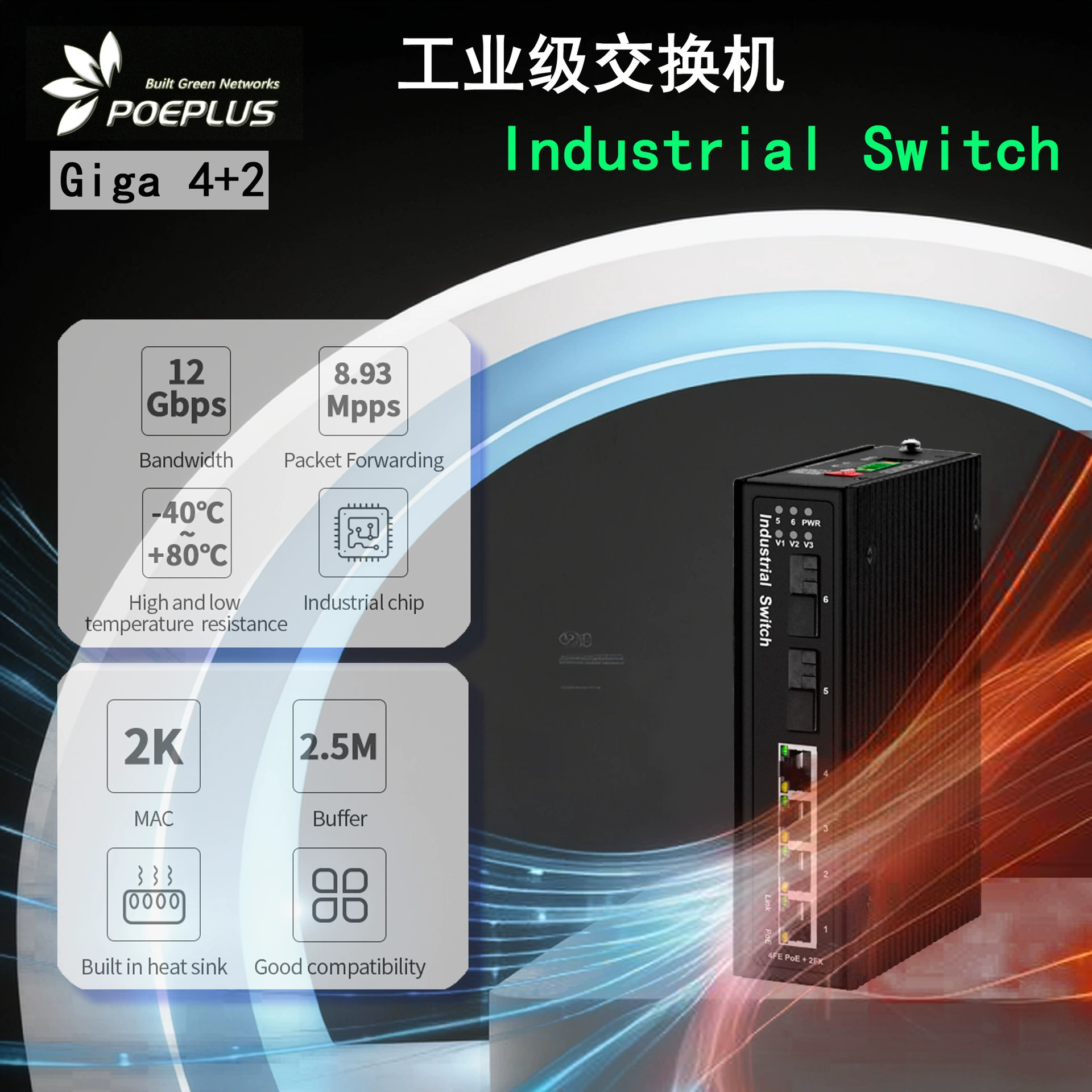 Гигабитный 1 оптический 5, электрический промышленный коммутатор POE, 1 + 5 годов, 6-портовый промышленный коммутатор