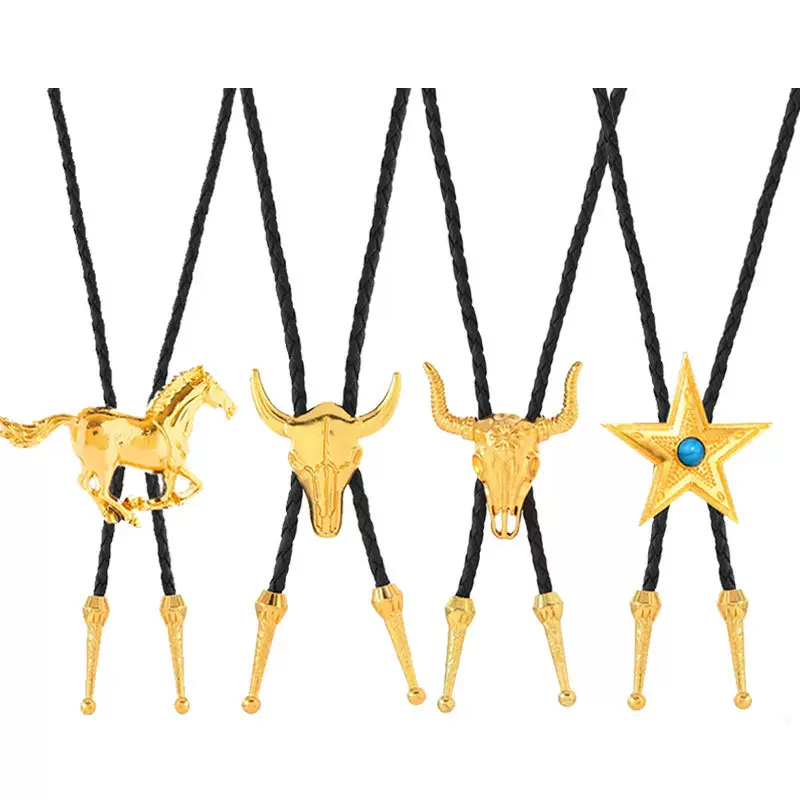 欧美跨境金色牛头五角星合金bolo tie领绳风配饰西部牛仔皮质项链