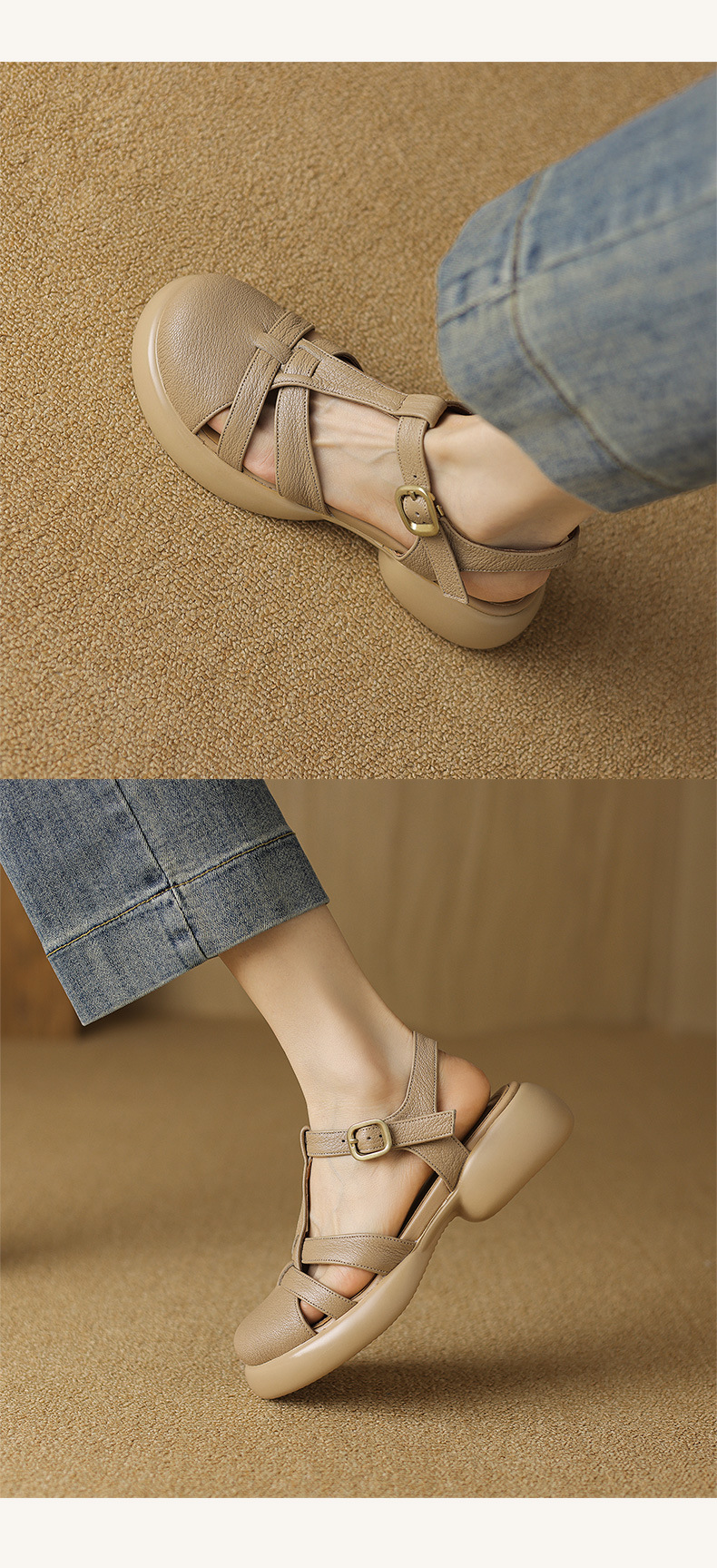 Sandal nữ da cừu mũi kín đế dày gót vuông khóa chữ T phong cách La Mã — Màu trắng be chi tiết 10