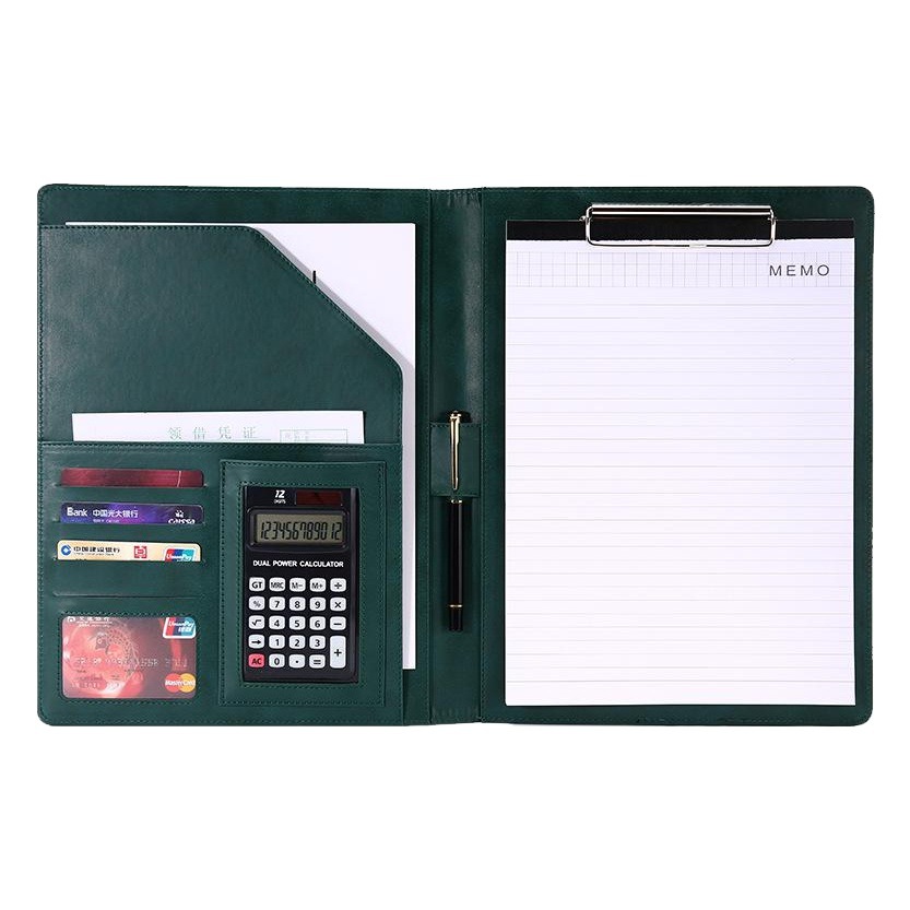 A4 carpeta multifuncional con calculadora contrato comercial Oficina hablar solo clip Gerente de cuero clip sala de medición libro logo