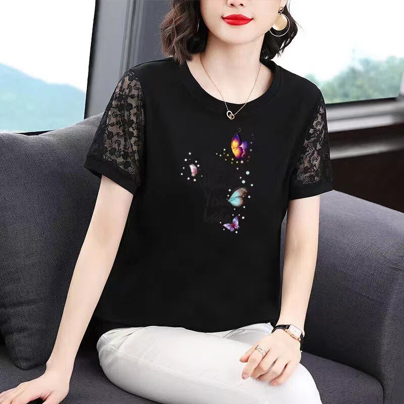 100% Cotton Short-Sleeved T-Shirt Women's Summer Korean Style Printed Top Loose Large Size Lace Sleeve Cut Out T-Shirt Shirt