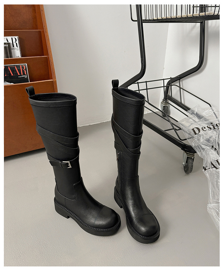 Boot nữ mũi tròn cao gót đế dày phong cách hiệp sĩ có khóa thắt lưng — Lớp lót nhung đen chi tiết 16