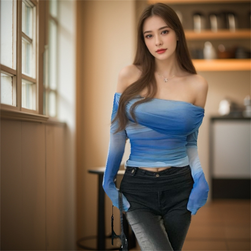 Women's Ombre Gradient Mesh Off Shoulder Top, Long Sleeve Ruched Sheer Blouse_ecoleips.com