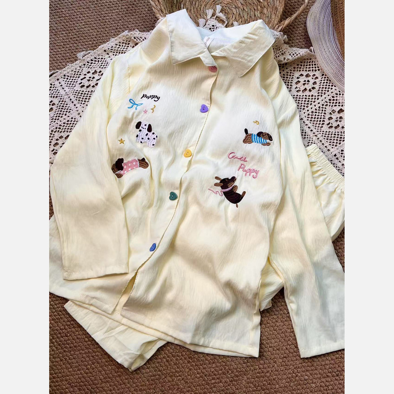睡衣女款长袖长裤带胸垫春秋季2025年新款卡通可爱翻领家居服套装|undefined