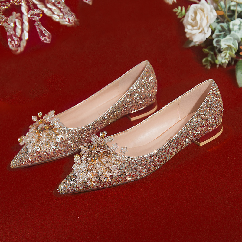 Crystal Flat Wedding Shoes Pregnant Women Can Wear Champagne Sequins Bridal Shoes Female Xiuhe Main Wedding Dress Two-Wear Wedding Shoes