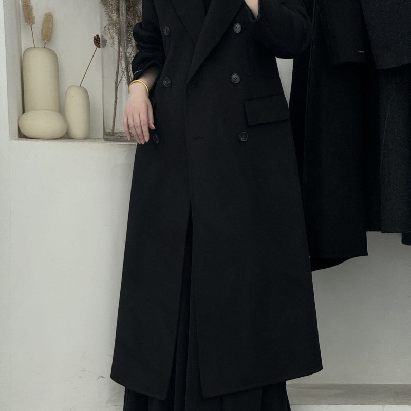 新款小蛮腰气质修身双面羊绒大衣女韩版双排扣过膝羊毛呢外套米白