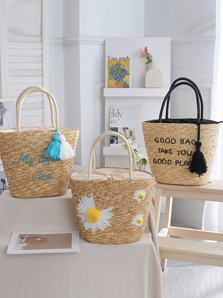 新しい夏の編みバッグ、麦わらバッグ、海辺の休暇にぴったりの編み刺繍入りレディース麦わらバッグ、インスタ映えするハンドバッグ