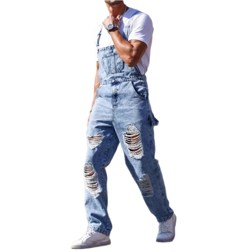 Men's Denim Overalls European And American Style Trendy High Street Ripped Jumpsuit_mkmklike.com