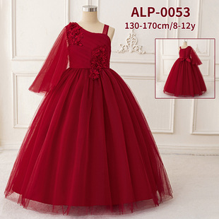 Cross-Border New Style Girls' Embroidered Lace Princess Skirt with Slanted Shoulders, Mesh Tutu Skirt, Host Dress, Children's Dress