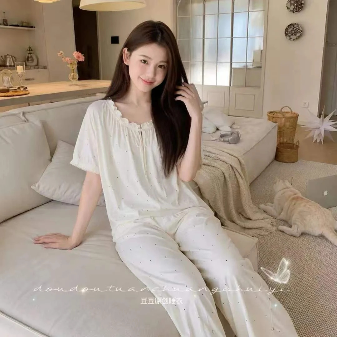 带胸垫蓝精莫代尔睡衣女新款夏季短袖长裤家居服