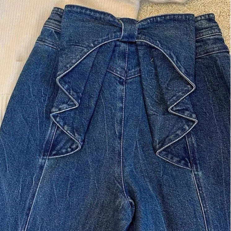 2025 Early Spring New French Design Back Waist Bow Double Curve Modified Blue Denim Trousers Thirteen Lines