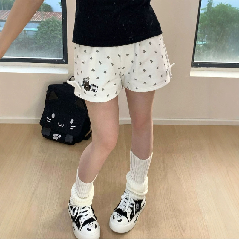 Cotton Cat Cute Wings Full-Print Shorts for Women, Summer Embroidered Japanese Style Cute Soft Girl Loose Versatile Wide-Leg Pants Cotton Cat Cute Wings Full-Print Shorts for Women, Summer Embroidered Japanese Style Cute Soft Girl Loose Versatile Wide-Leg Pants