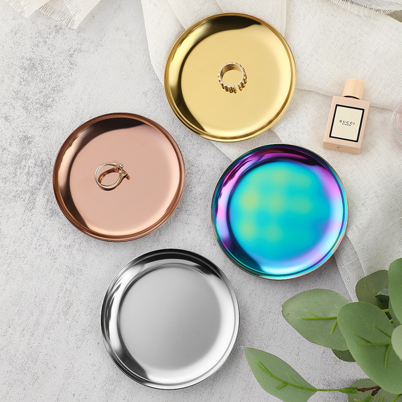 Ins high-value small size round plate for high-end stainless steel plate ring storage jewelry tray Ins high-value small size round plate for high-end stainless steel plate ring storage jewelry tray